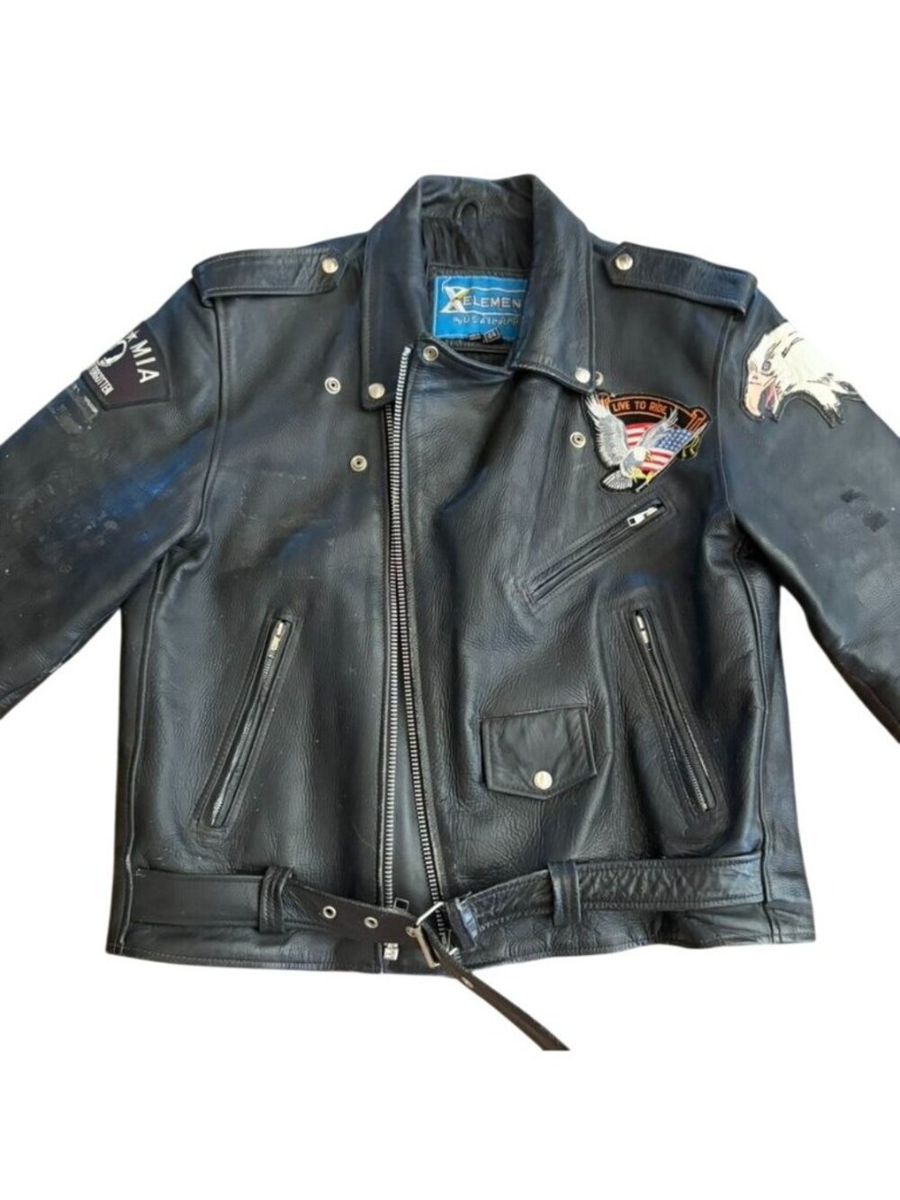 Vtg Black Leather Motorcycle Jacket Vietnam Patches Authentic Taos 200K miles